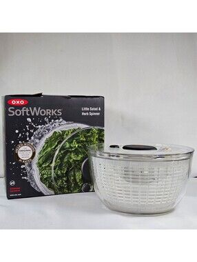 New OXO SoftWorks Little Salad and Herb Spinner Clear White Pump Action BPA Free